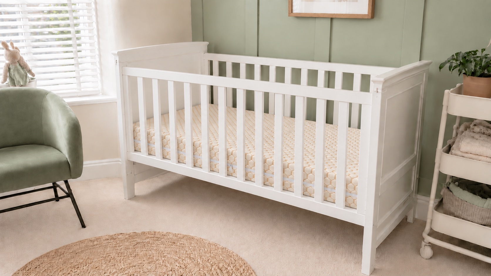 Gold Sprung mattress in a white cot with all four sides, in a softly lit sage nursery