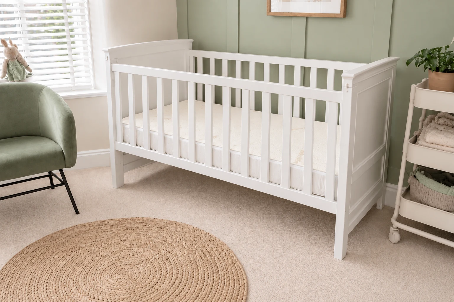 A white cot with all four sides in a softly lit sage nursery
