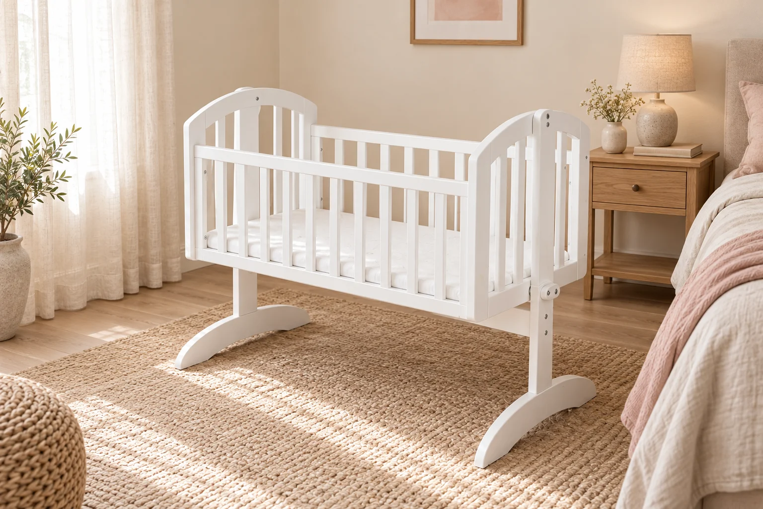 A white wooden swinging crib beside a bed in a warm blush bedroom