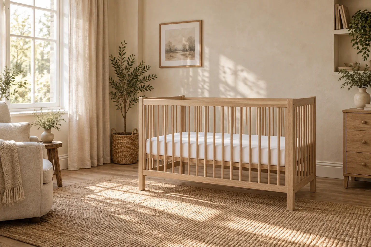 A welcoming nursery with an oak cot and warm natural light