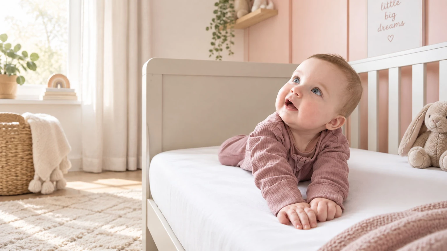A baby enjoying tummy time on a mattress in a sunlit nursery.