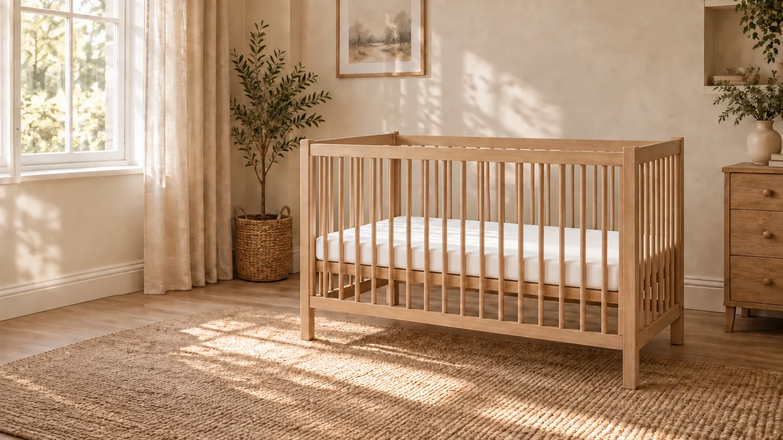 Our mattress with a white cotton fitted sheet in a natural oak cot, in a warmly lit nursery.
