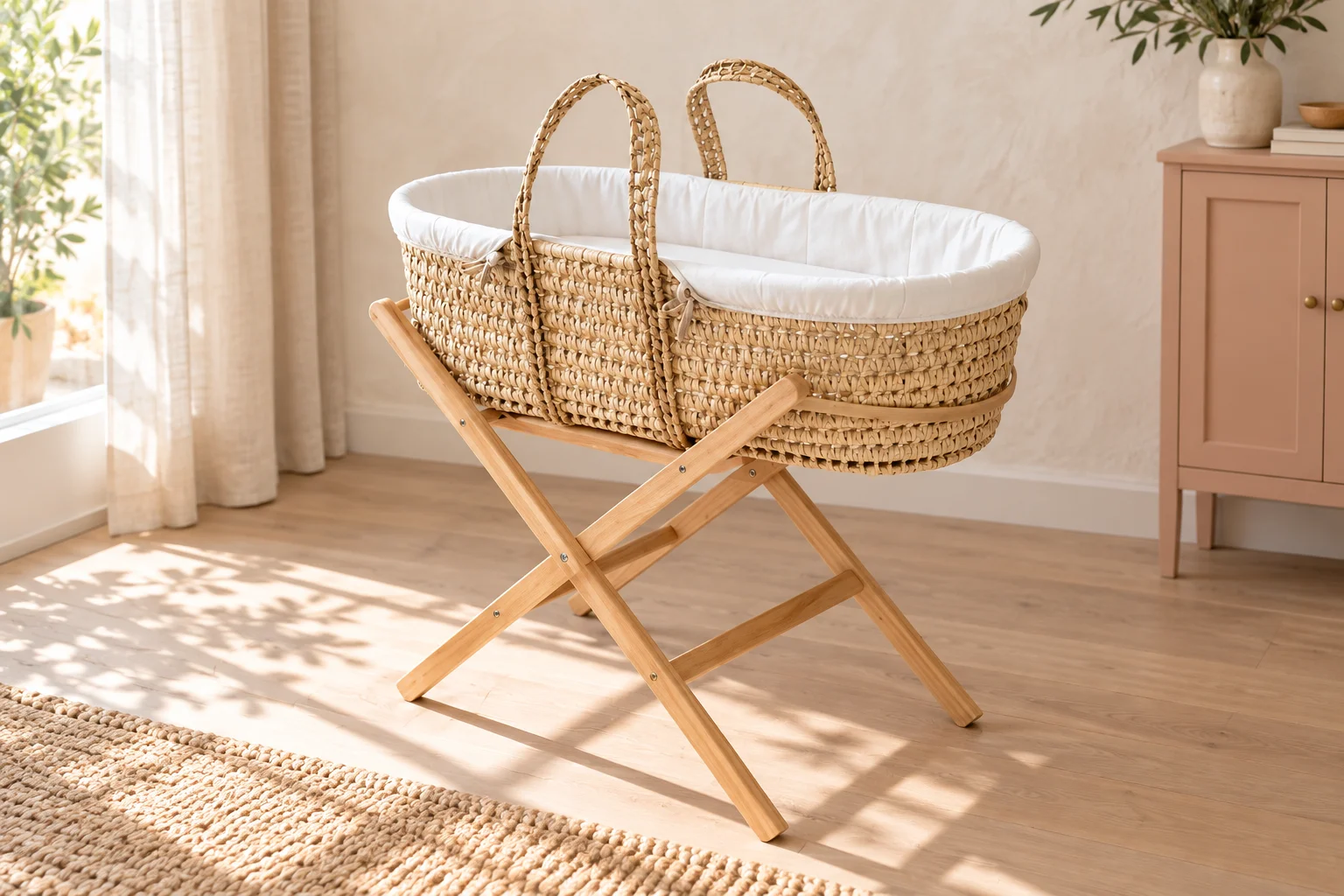 A woven Moses basket in a naturally lit bedroom